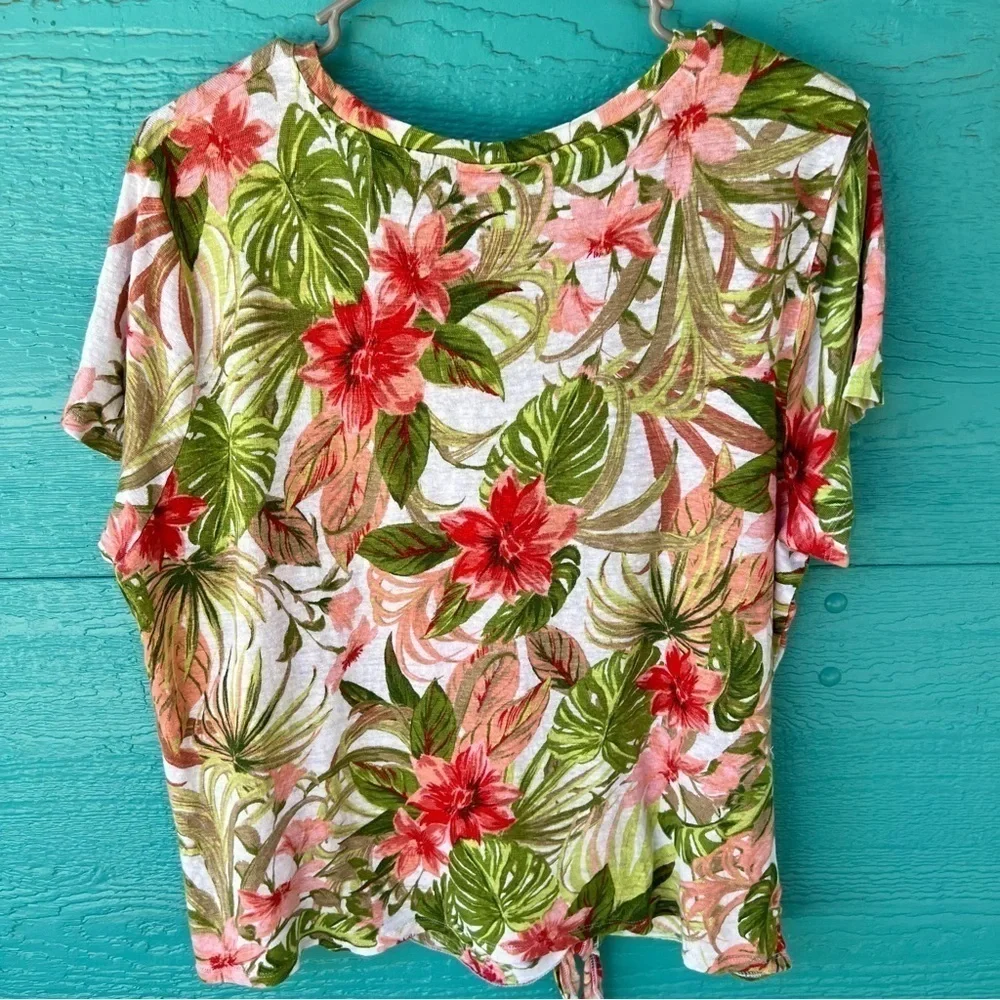 J.JILL LOVE LINEN TROPICAL FLORAL PRINT TIE FRONT BOXY TOP SIZE MEDIUM - Picture 3 of 8